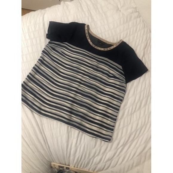 Ladies‎ XL Navy Cream Stripe Blouse Sheer Sailor Navy Embellishments Office top - Picture 3 of 4